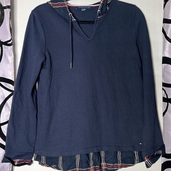 Tommy Hilfiger Womens Layered Plaid Comfy Hoodie Navy Blue Size Small - Picture 3 of 11